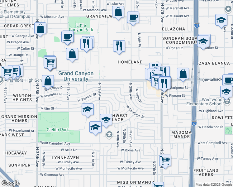map of restaurants, bars, coffee shops, grocery stores, and more near 3021 West Mariposa Street in Phoenix
