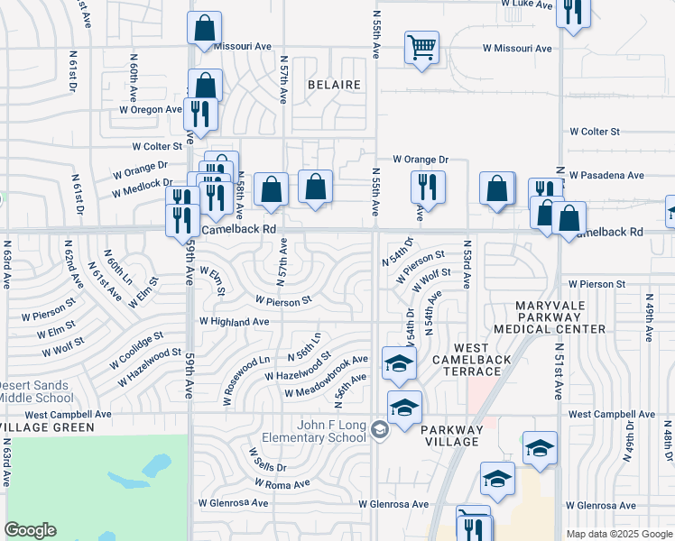 map of restaurants, bars, coffee shops, grocery stores, and more near 5524 West Pierson Street in Phoenix