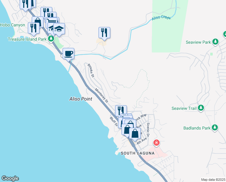 map of restaurants, bars, coffee shops, grocery stores, and more near 31282 Ceanothus Drive in Laguna Beach