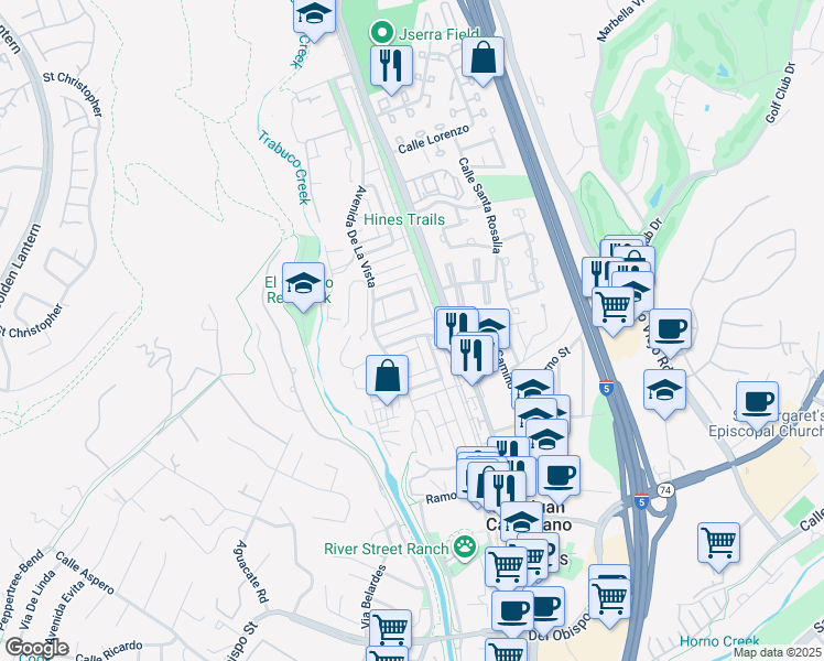 map of restaurants, bars, coffee shops, grocery stores, and more near 26537 La Zanja Street in San Juan Capistrano