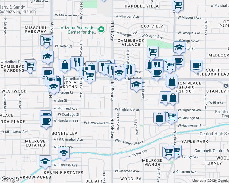 map of restaurants, bars, coffee shops, grocery stores, and more near 1332 West Mariposa Street in Phoenix