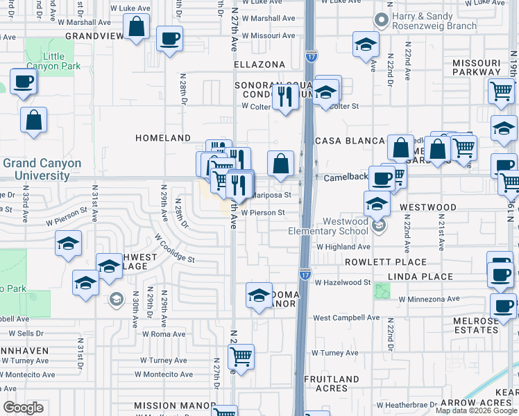 map of restaurants, bars, coffee shops, grocery stores, and more near 2621 West Mariposa Street in Phoenix