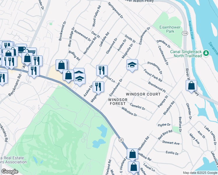 map of restaurants, bars, coffee shops, grocery stores, and more near 2506 Gaines Court North in Augusta
