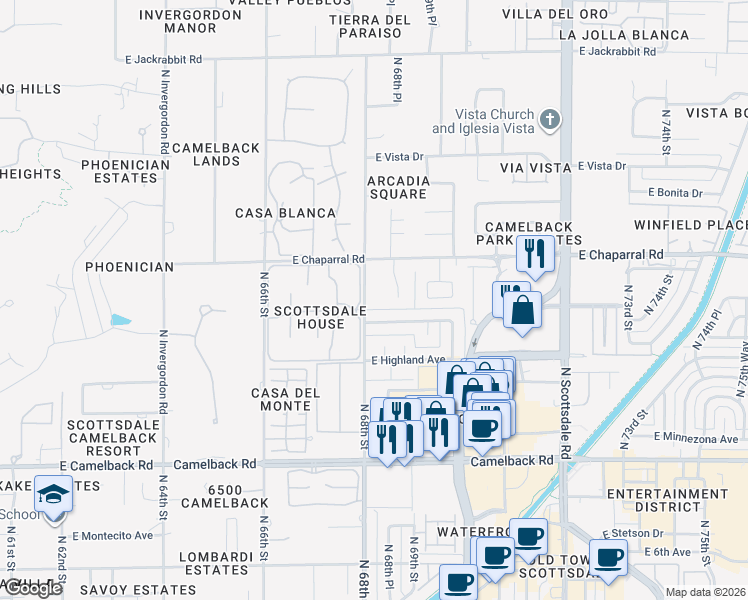 map of restaurants, bars, coffee shops, grocery stores, and more near 4821 North 68th Street in Scottsdale
