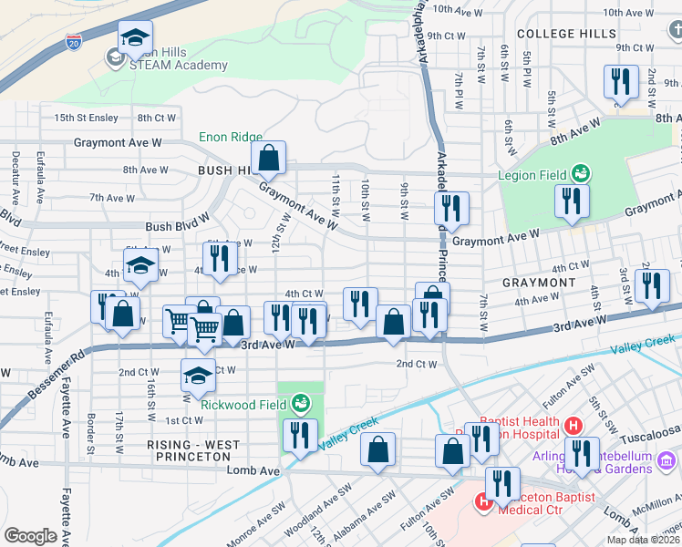 map of restaurants, bars, coffee shops, grocery stores, and more near 1029 4th Terrace West in Birmingham
