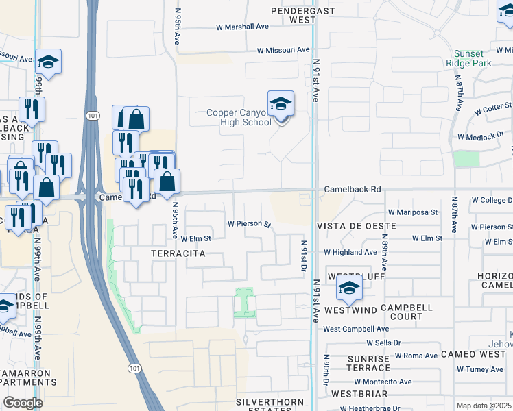 map of restaurants, bars, coffee shops, grocery stores, and more near 4843 North 92nd Drive in Phoenix