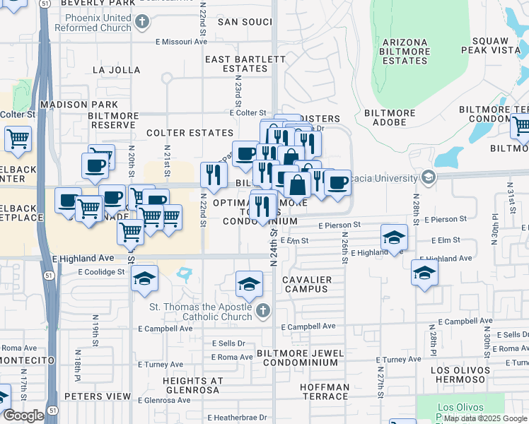map of restaurants, bars, coffee shops, grocery stores, and more near in Phoenix