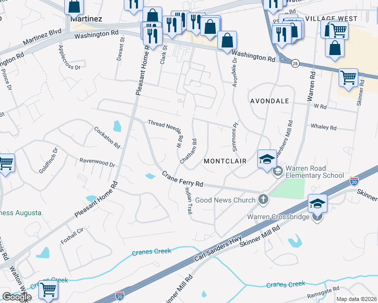 map of restaurants, bars, coffee shops, grocery stores, and more near 221 Chatham Road in Augusta