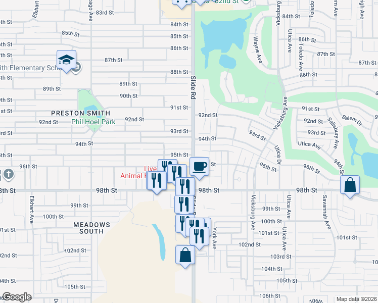 map of restaurants, bars, coffee shops, grocery stores, and more near 5202 95th Street in Lubbock