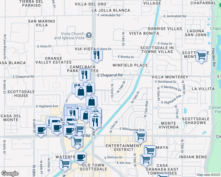 map of restaurants, bars, coffee shops, grocery stores, and more near 4925 North Scottsdale Road in Scottsdale