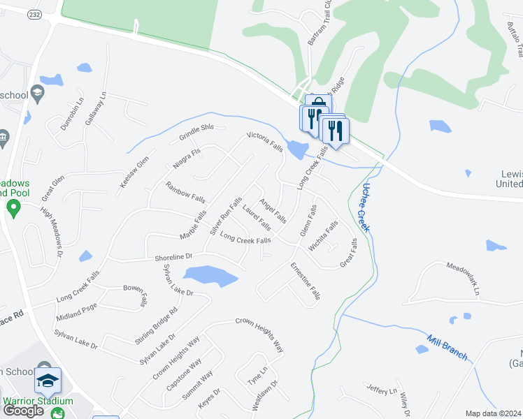 map of restaurants, bars, coffee shops, grocery stores, and more near 5366 Angel Falls in Grovetown