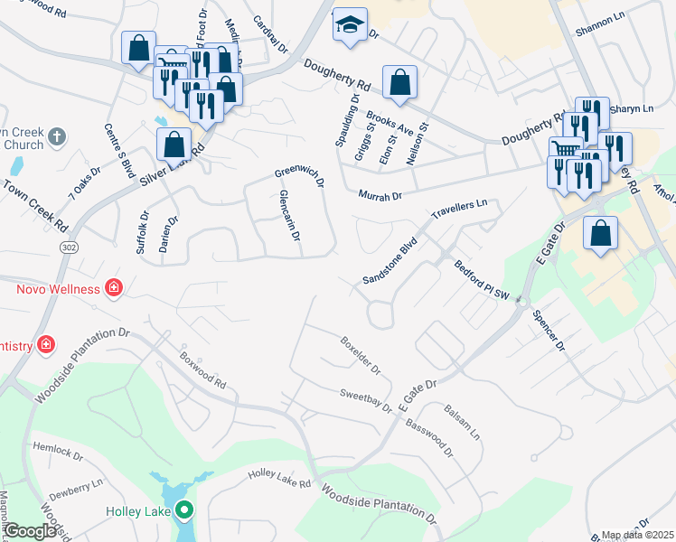 map of restaurants, bars, coffee shops, grocery stores, and more near 214 Dunovant Court in Aiken