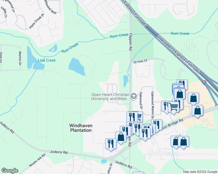 map of restaurants, bars, coffee shops, grocery stores, and more near 258 Turnstone Road in Stockbridge