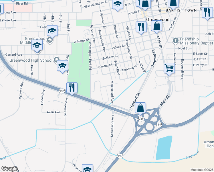 map of restaurants, bars, coffee shops, grocery stores, and more near 629 Main Street in Greenwood