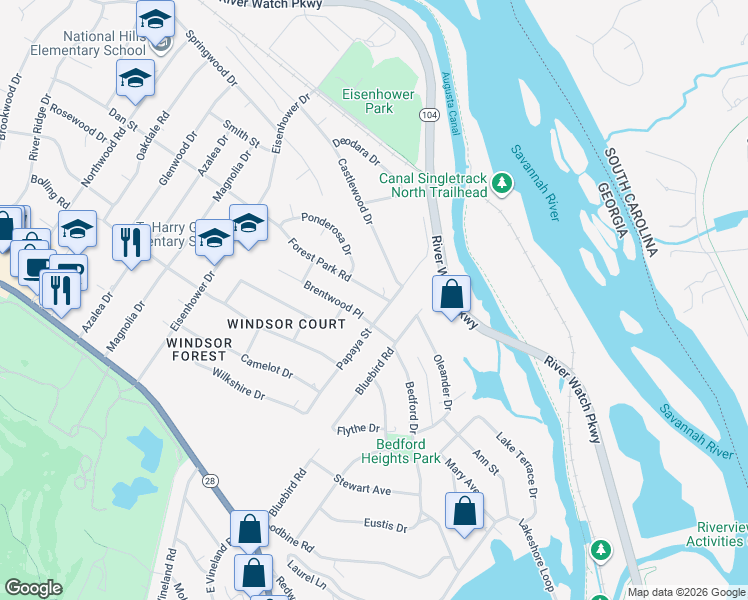 map of restaurants, bars, coffee shops, grocery stores, and more near 2407 Forest Park Road in Augusta