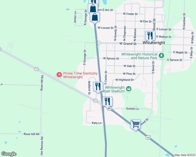 map of restaurants, bars, coffee shops, grocery stores, and more near 806 Walker Circle in Whitewright