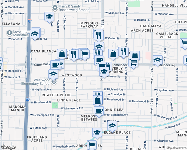 map of restaurants, bars, coffee shops, grocery stores, and more near in Phoenix
