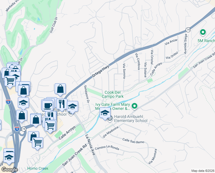 map of restaurants, bars, coffee shops, grocery stores, and more near 31311 Calle Del Campo in San Juan Capistrano