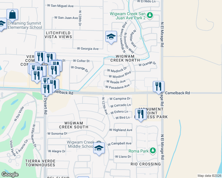 map of restaurants, bars, coffee shops, grocery stores, and more near 12638 West Pasadena Avenue in Litchfield Park