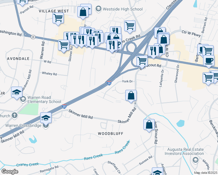 map of restaurants, bars, coffee shops, grocery stores, and more near 2683 York Drive in Augusta