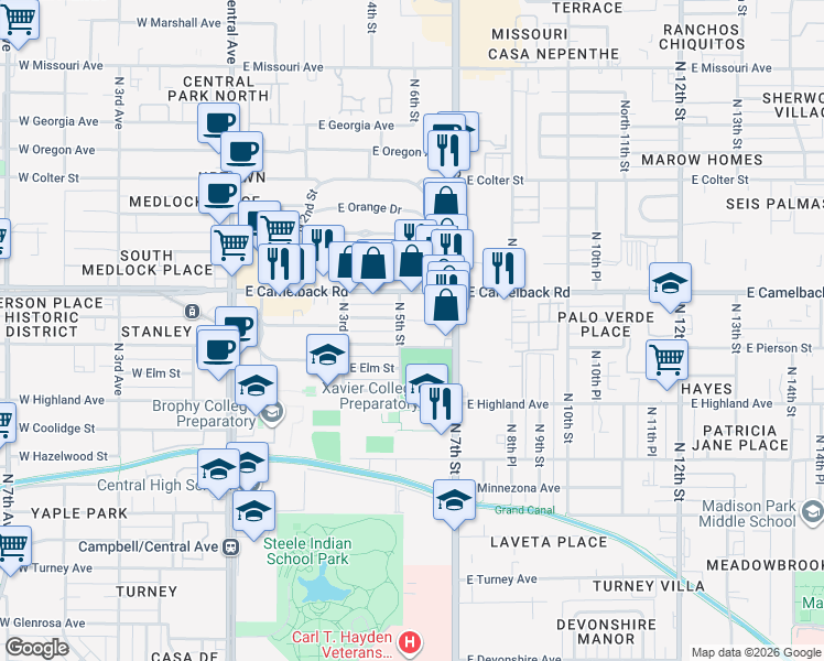 map of restaurants, bars, coffee shops, grocery stores, and more near 511 East Mariposa Street in Phoenix