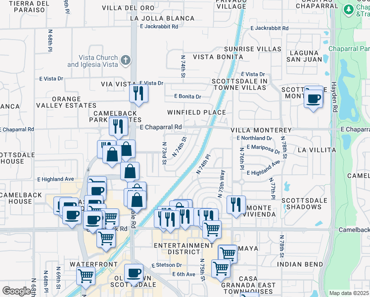 map of restaurants, bars, coffee shops, grocery stores, and more near 4916 North Woodmere Fairway in Scottsdale