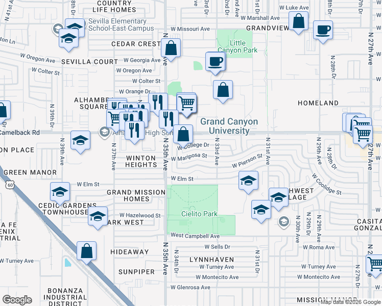 map of restaurants, bars, coffee shops, grocery stores, and more near 4826 North 34th Avenue in Phoenix