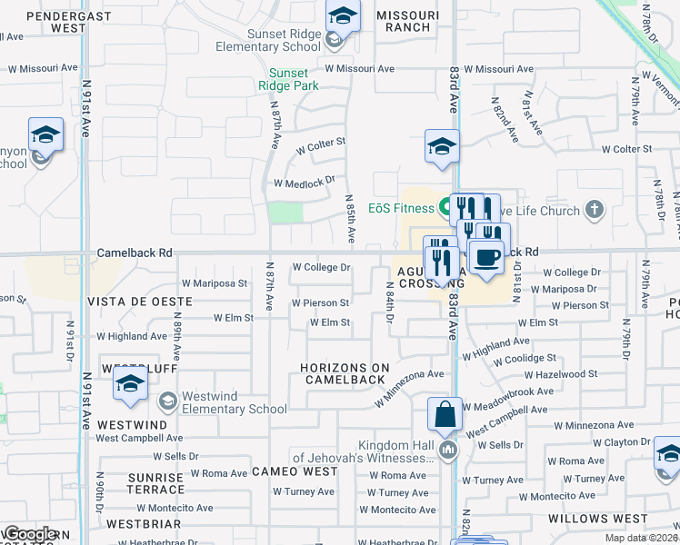 map of restaurants, bars, coffee shops, grocery stores, and more near 8524 West College Drive in Phoenix