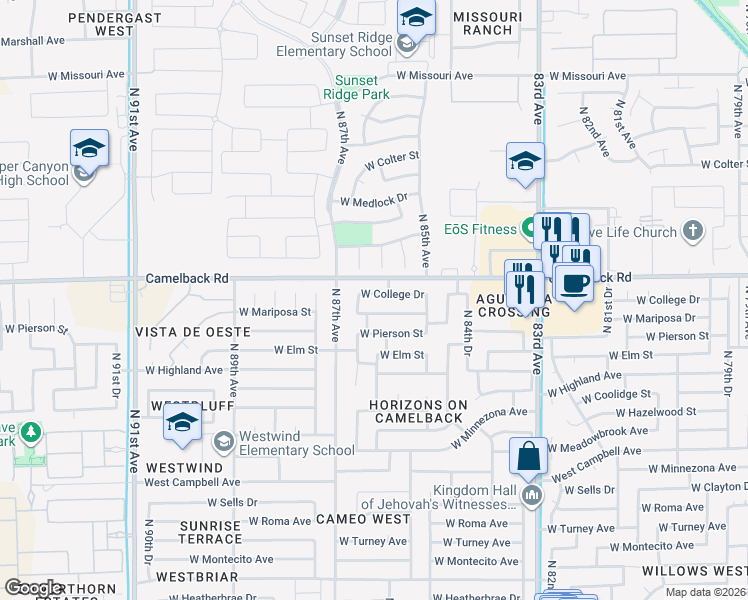 map of restaurants, bars, coffee shops, grocery stores, and more near 8624 West College Drive in Phoenix