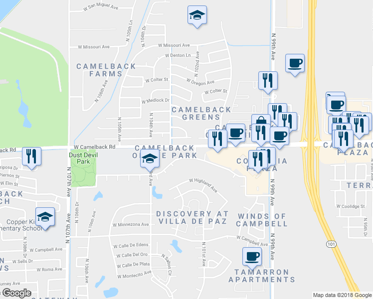 map of restaurants, bars, coffee shops, grocery stores, and more near 10225 West Pasadena Avenue in Glendale