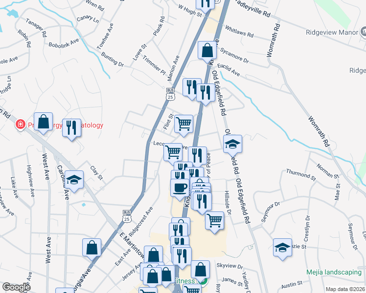 map of restaurants, bars, coffee shops, grocery stores, and more near 1504 Summerhill Road in North Augusta