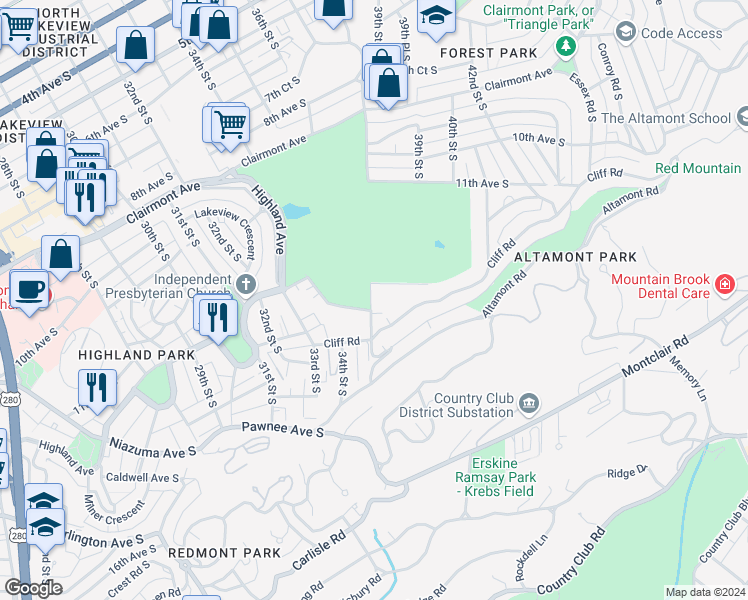 map of restaurants, bars, coffee shops, grocery stores, and more near 3807 12th Court South in Birmingham