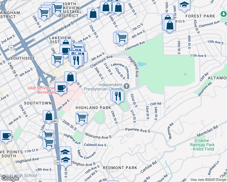 map of restaurants, bars, coffee shops, grocery stores, and more near 1100 31st Street South in Birmingham