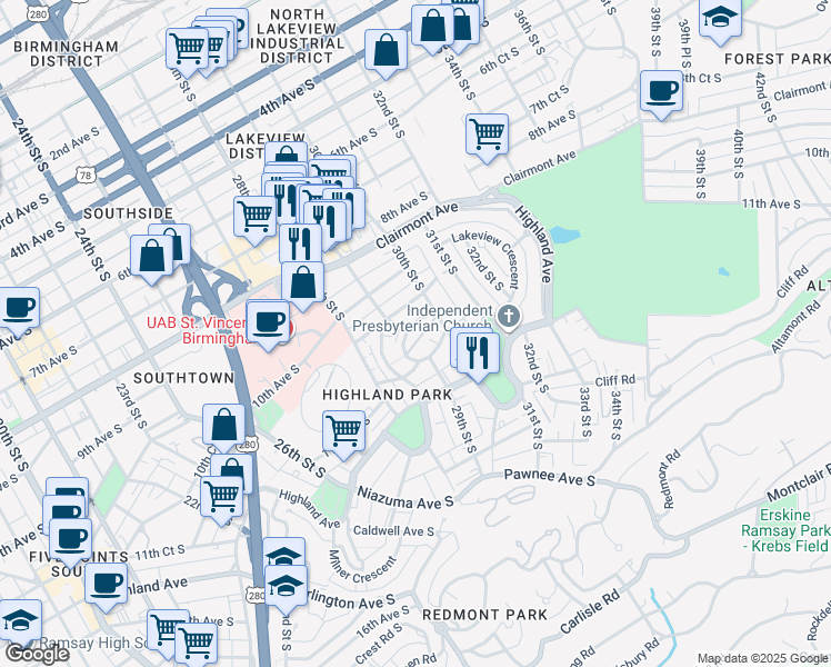 map of restaurants, bars, coffee shops, grocery stores, and more near 2901 10th Court South in Birmingham