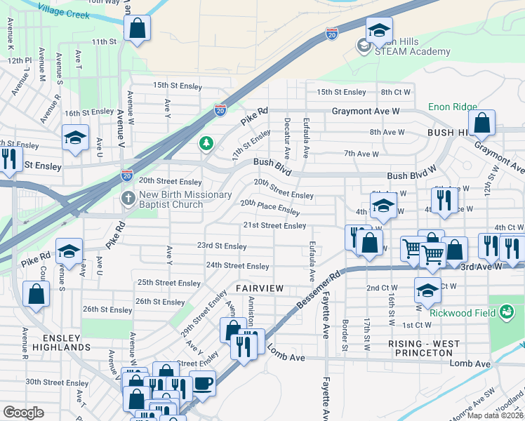 map of restaurants, bars, coffee shops, grocery stores, and more near 2720 20th Place Ensley in Birmingham