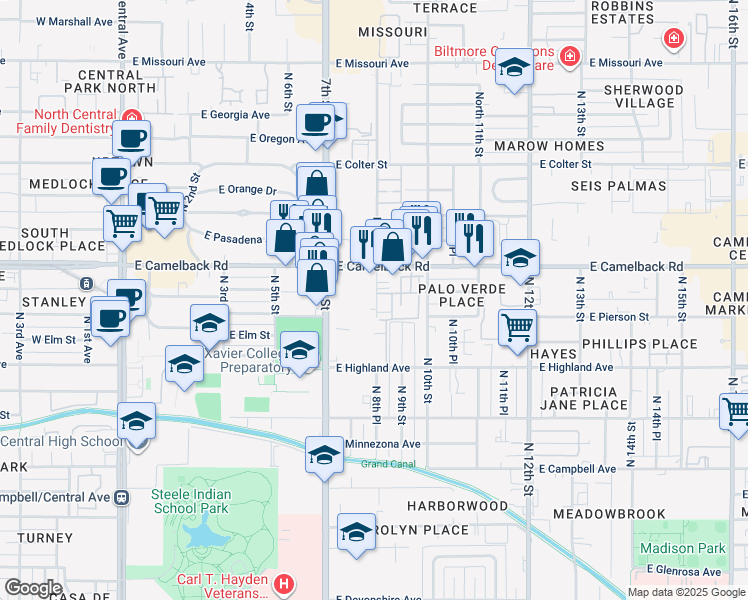 map of restaurants, bars, coffee shops, grocery stores, and more near 4949 North 7th Street in Phoenix