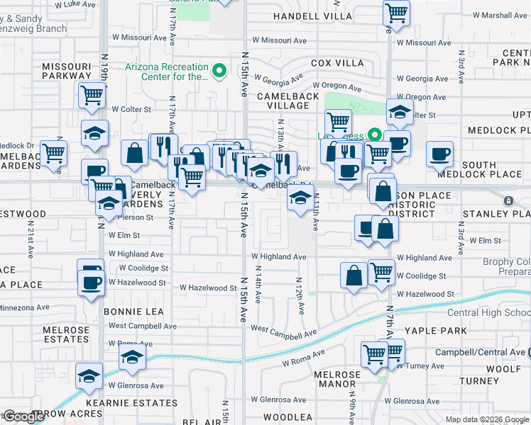 map of restaurants, bars, coffee shops, grocery stores, and more near 1332 West Mariposa Street in Phoenix