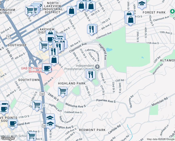 map of restaurants, bars, coffee shops, grocery stores, and more near 1100 31st Street South in Birmingham
