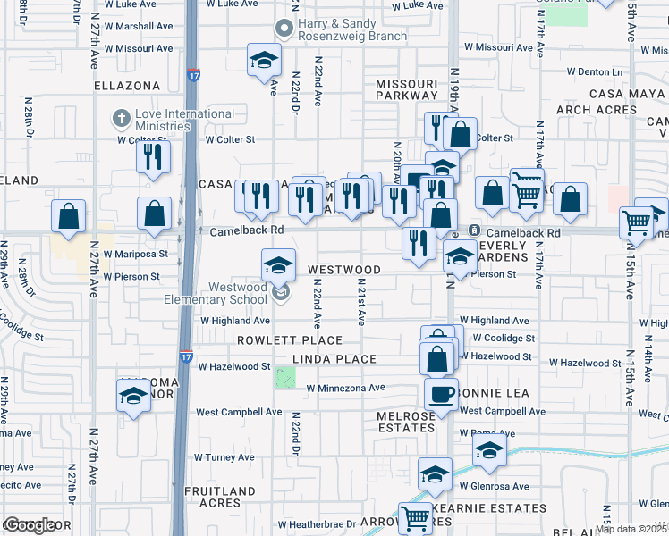 map of restaurants, bars, coffee shops, grocery stores, and more near 2129 West Mariposa Street in Phoenix