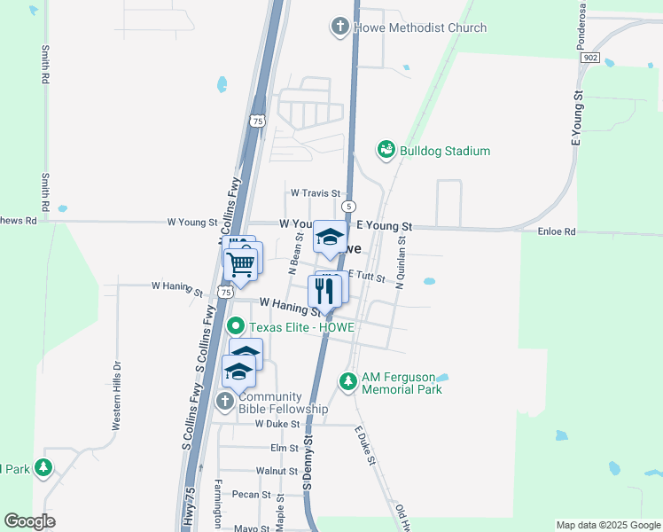 map of restaurants, bars, coffee shops, grocery stores, and more near 105 East Tutt Street in Howe