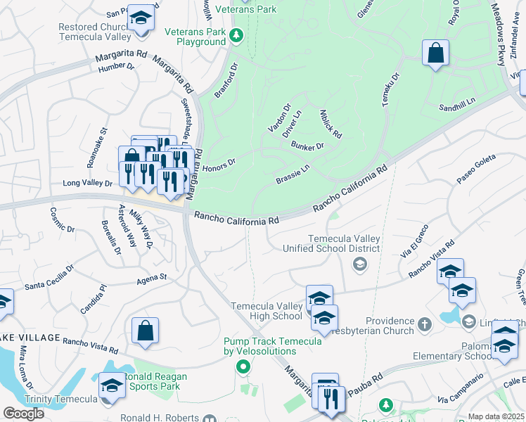 map of restaurants, bars, coffee shops, grocery stores, and more near 30862 Crystalaire Drive in Temecula