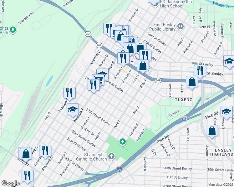 map of restaurants, bars, coffee shops, grocery stores, and more near 2313 Avenue G in Birmingham