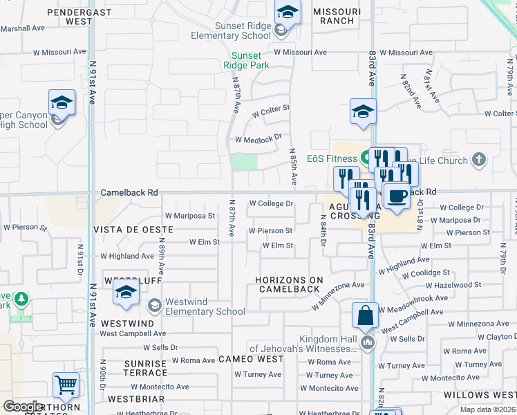 map of restaurants, bars, coffee shops, grocery stores, and more near 8624 West College Drive in Phoenix