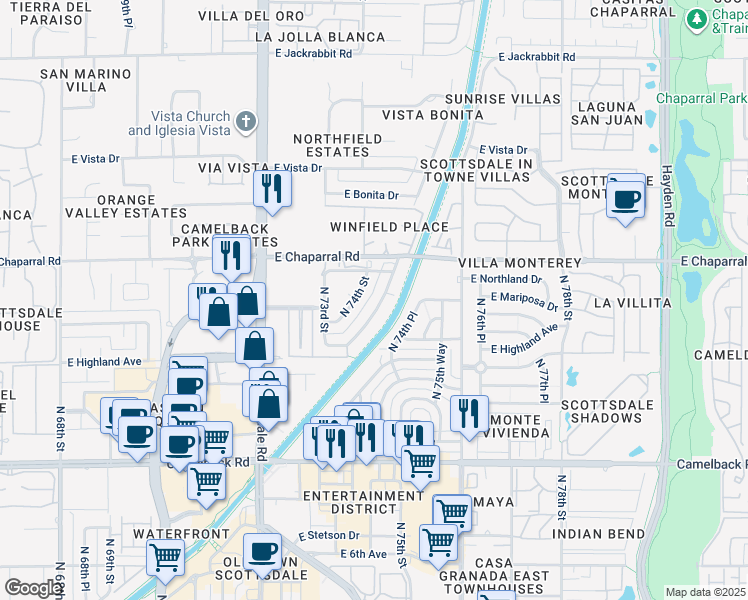 map of restaurants, bars, coffee shops, grocery stores, and more near 4848 North Woodmere Fairway in Scottsdale