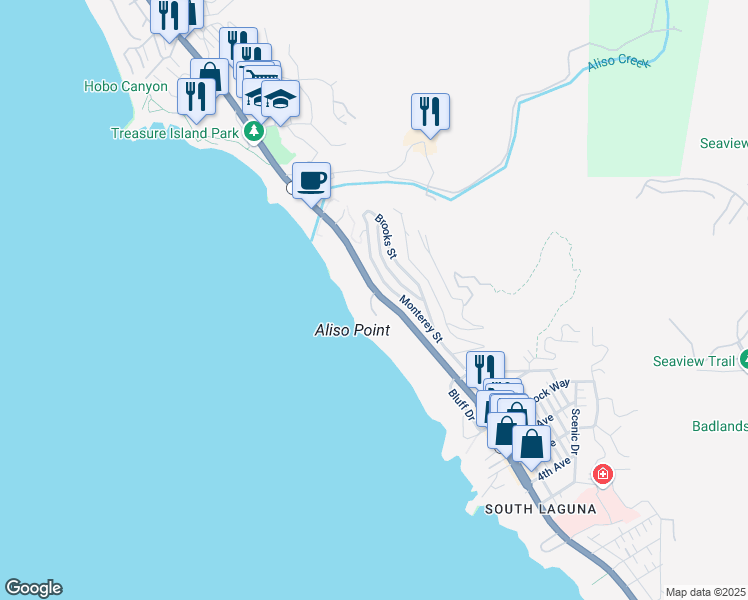 map of restaurants, bars, coffee shops, grocery stores, and more near 2 Camel Point Drive in Laguna Beach