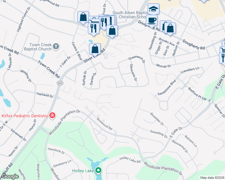 map of restaurants, bars, coffee shops, grocery stores, and more near 523 Greenwich Drive in Aiken