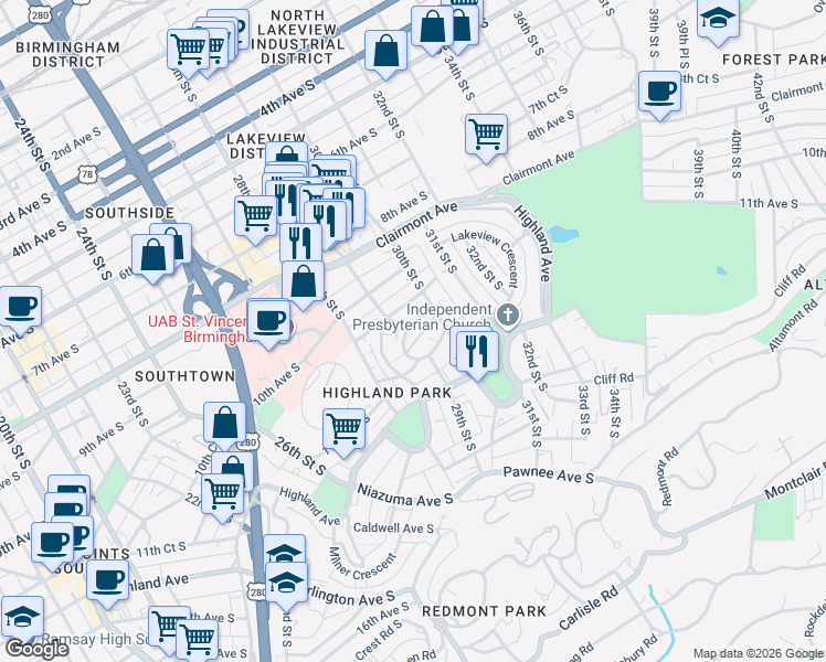 map of restaurants, bars, coffee shops, grocery stores, and more near 2901 10th Court South in Birmingham