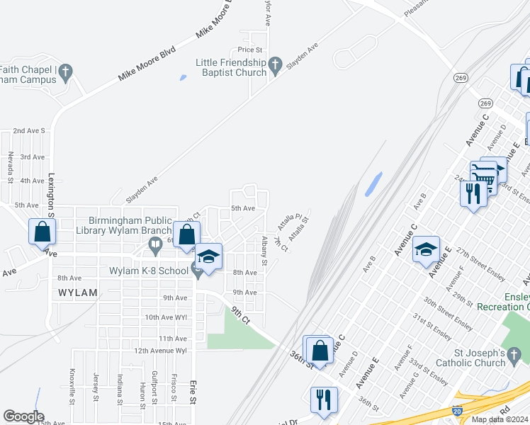 map of restaurants, bars, coffee shops, grocery stores, and more near 612 7th Avenue in Birmingham