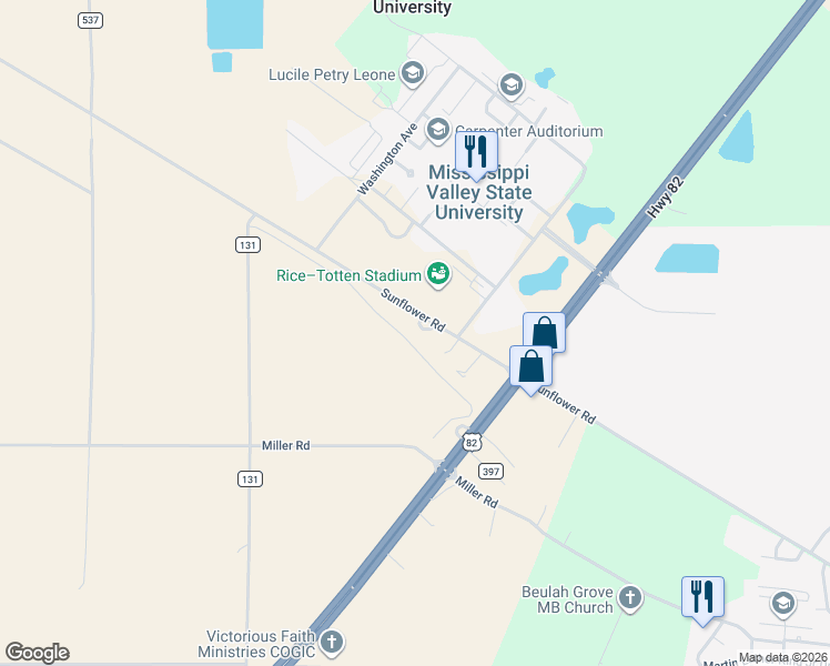 map of restaurants, bars, coffee shops, grocery stores, and more near 41082-41088 County Road 507 in Itta Bena
