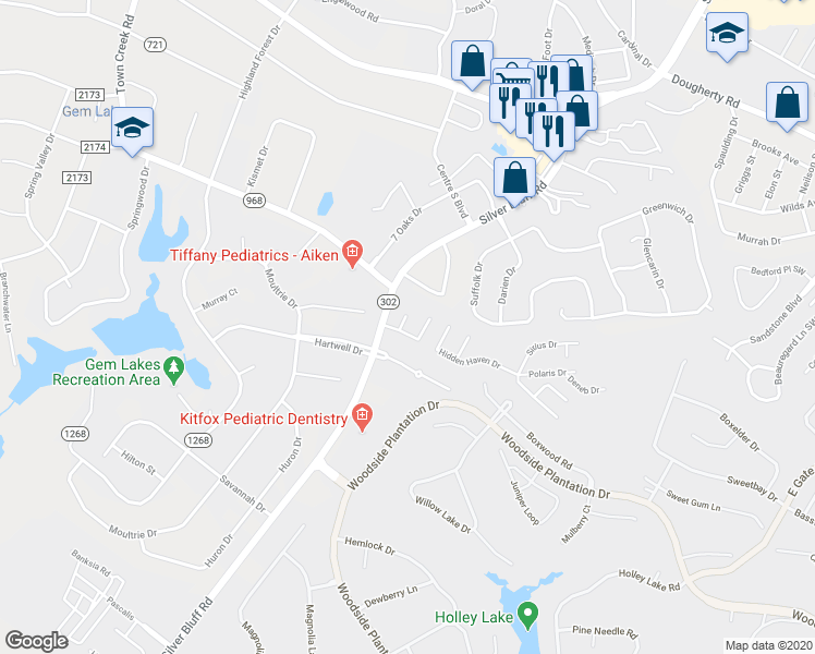 map of restaurants, bars, coffee shops, grocery stores, and more near 102 Rutherford Place in Aiken